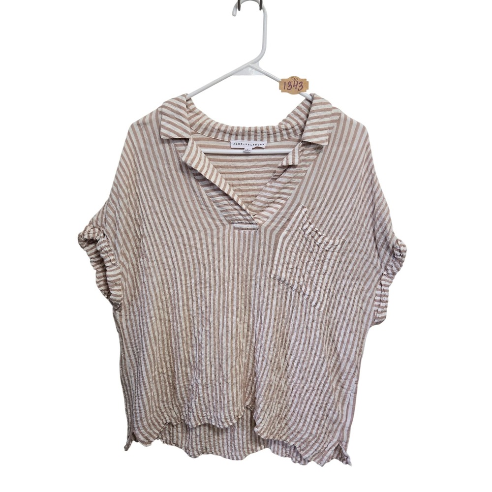 Jane + Delancey Womens Tan White Striped Seersucker V-Neck Short Sleeve Top LG
